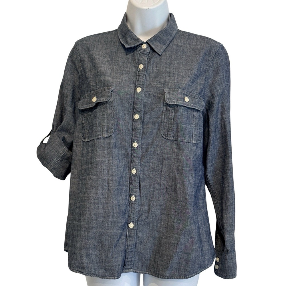 J Crew Women Shirt L Petite Chambray Blue Button Roll Tab Sleeve Utility Cotton